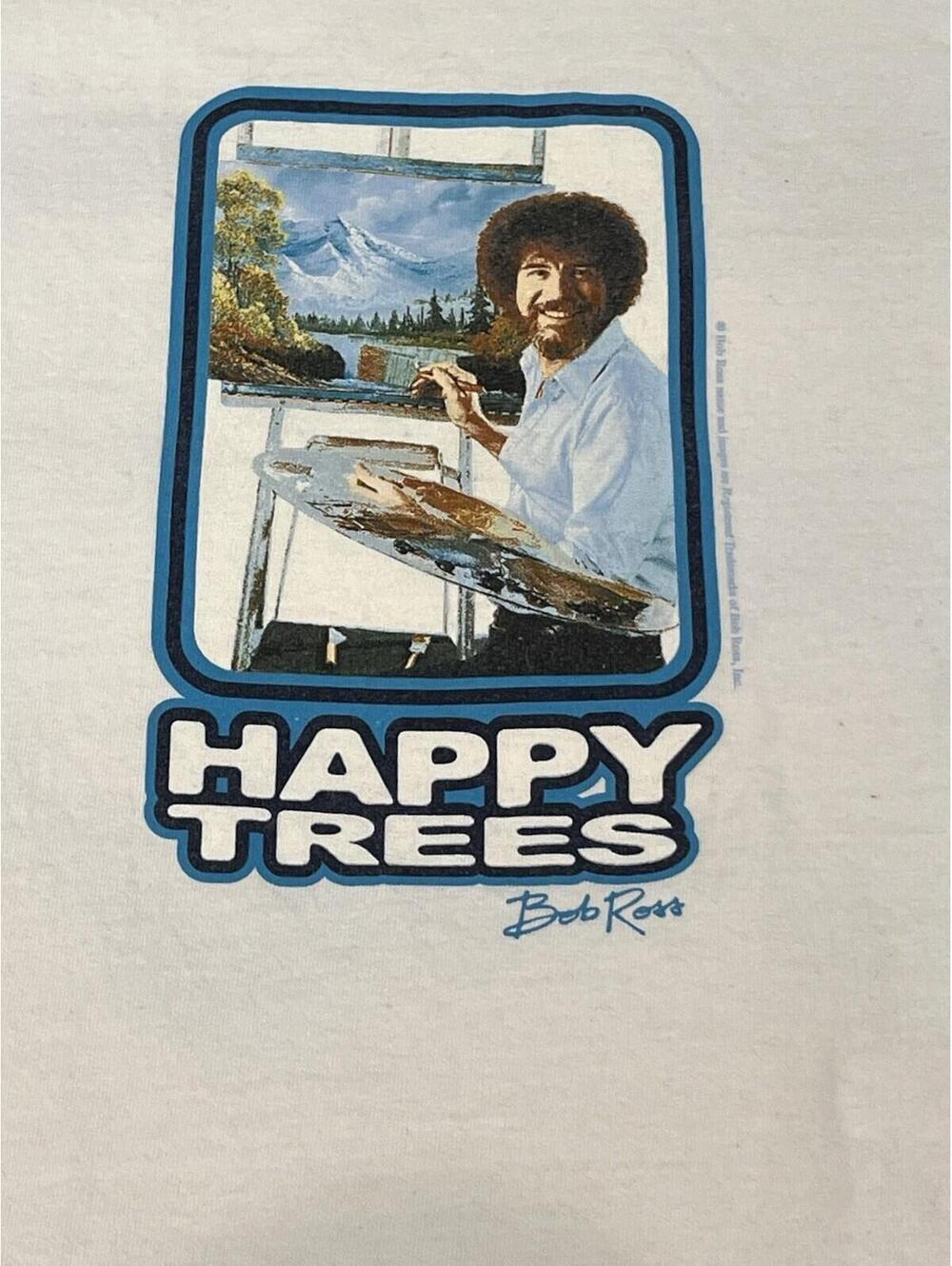 AAA VTG Y2K Bob Ross "Happy Trees" Ringer Style White T-Shirt Mens XL - Picture 2 of 11